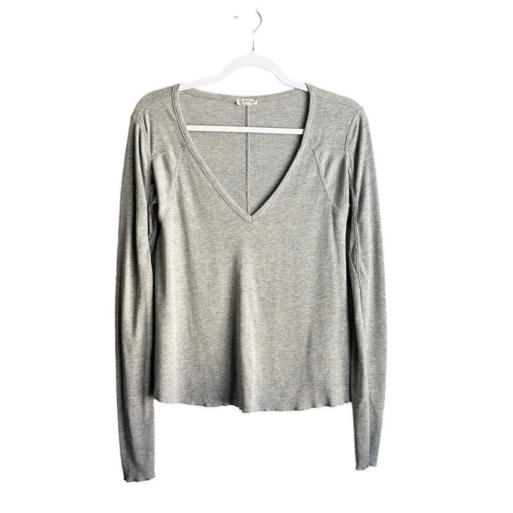 Intimately Free People Deep V Neck Top Women's S Gray Long Sleeve Ribbed